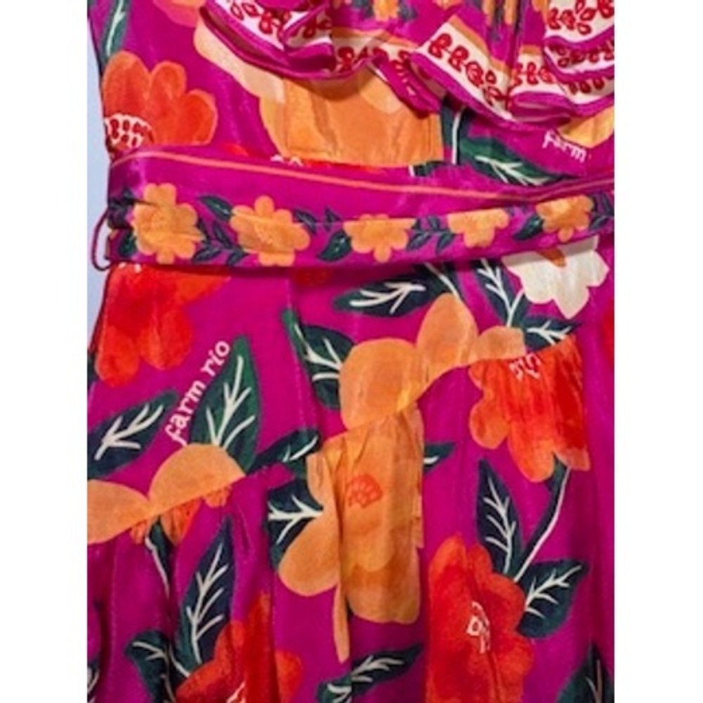 Farm Rio Mini Dress Pink Flowers Tapestry Ruffle Belted XS Tropical Boho NWT - Picture 9 of 10